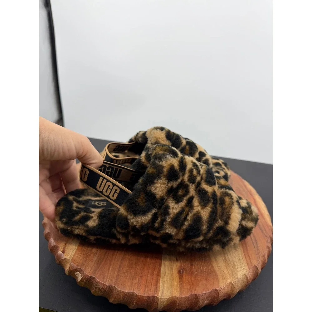 UGG Fluff Yeah Panther Print Slide Girl 5 Brown Leopard Slingback 1123640K